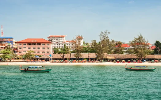 View of Sihanoukville beachside with fishing boats