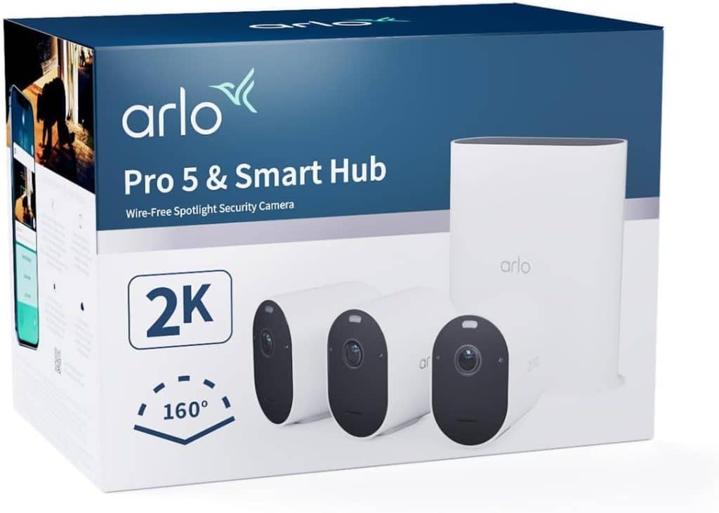 Retail packaging of the Arlo Pro 5 wireless security camera, a top-rated smart home device for monitoring vacation rentals in Southeast Asia.