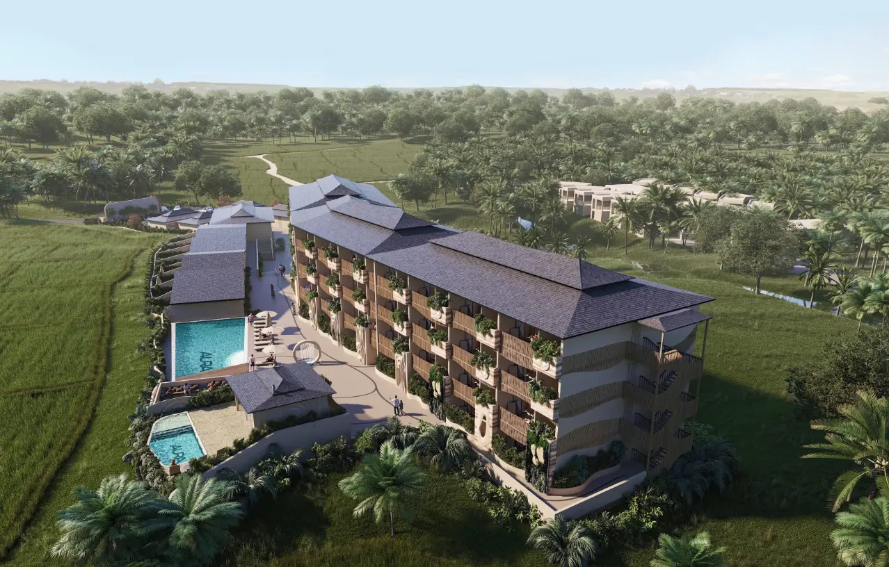 AURA Wellness Resort in Ubud, Bali - aerial view of the resort masterplan with apartment block and standalone villas