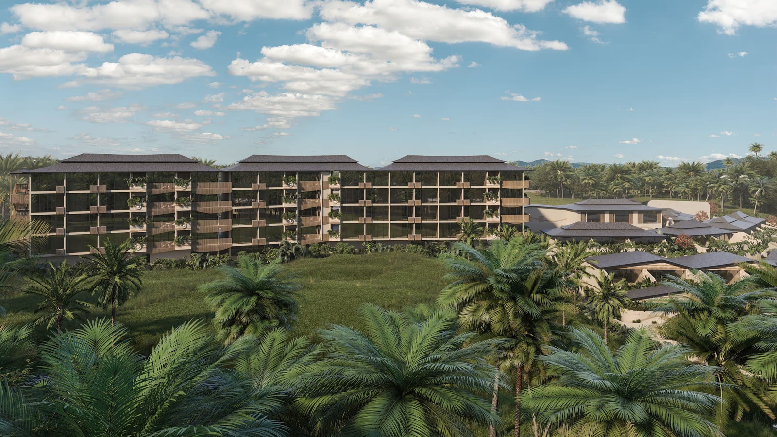 AURA Wellness Resort - apartment block facade with green terraces and Balinese architecture in Ubud