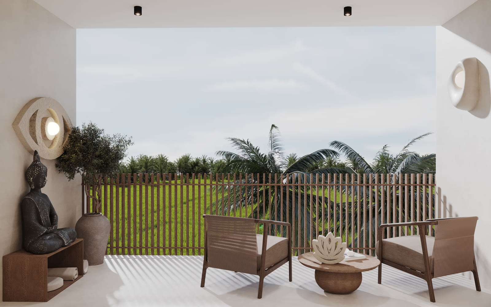 AURA Wellness Resort - private villa terrace overlooking rice fields, with meditation Buddha and lounge chairs