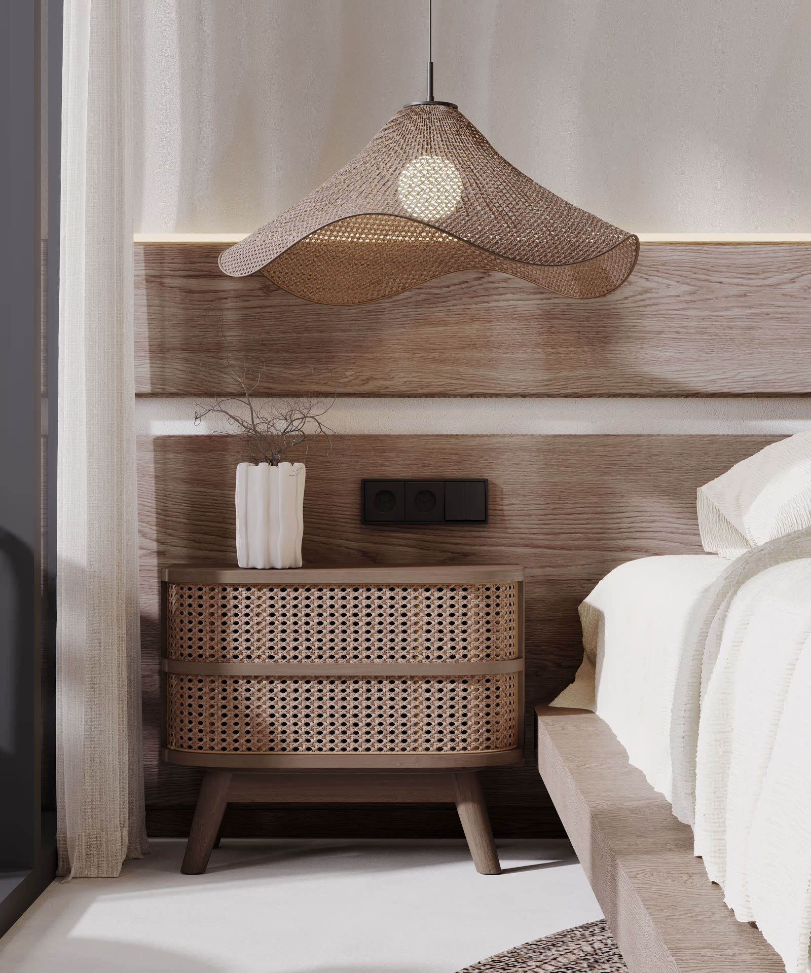 AURA Wellness Resort - bedroom interior detail with rattan bedside cabinet and woven pendant light