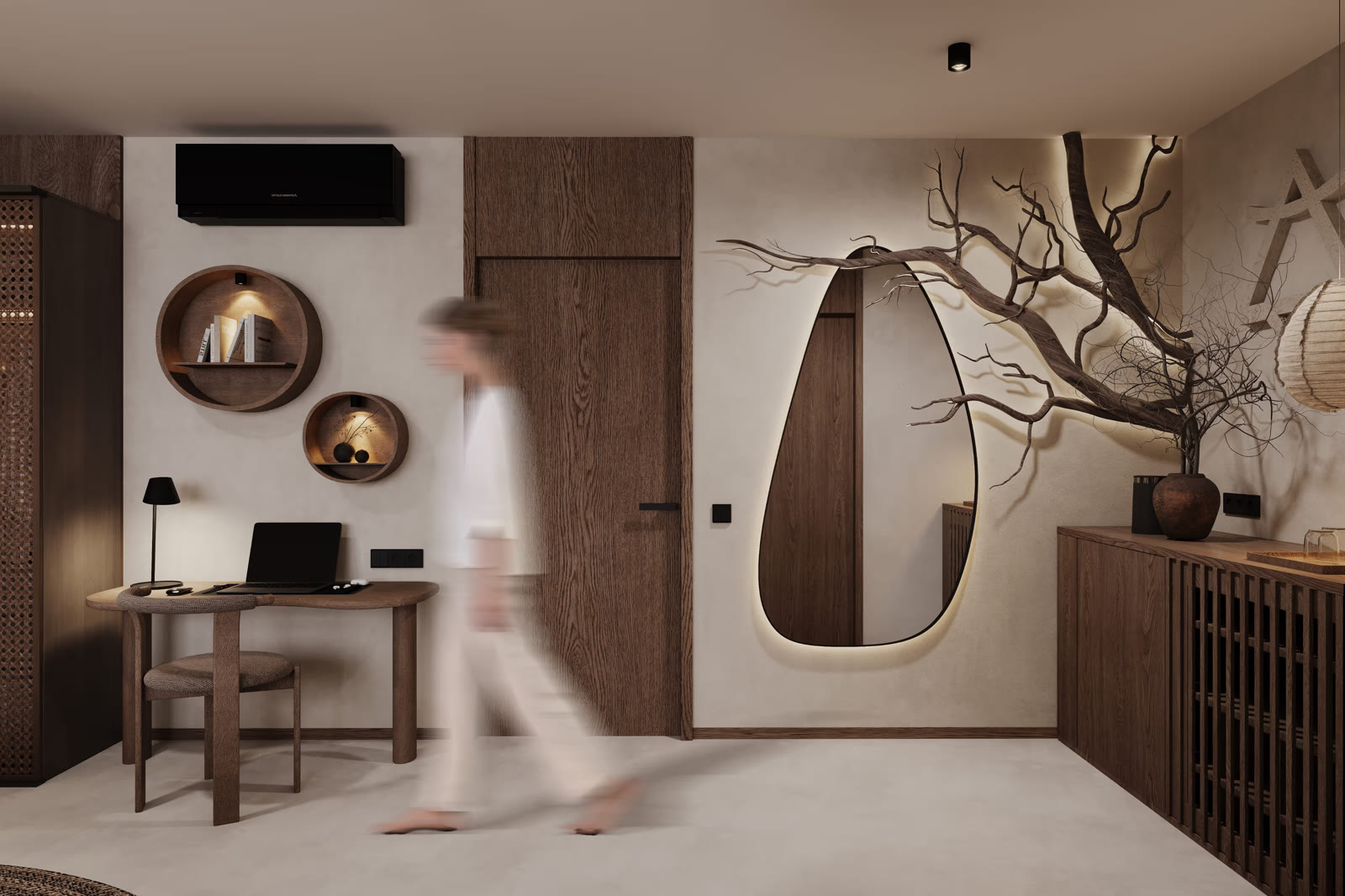 AURA Wellness Resort - spa-inspired bathroom in natural wood, stone vessel sink and ambient lighting