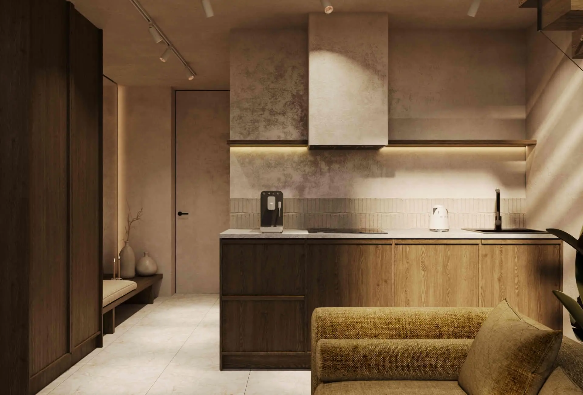 Sanur Vibe Apartments - fully fitted kitchen in warm walnut and micro-cement