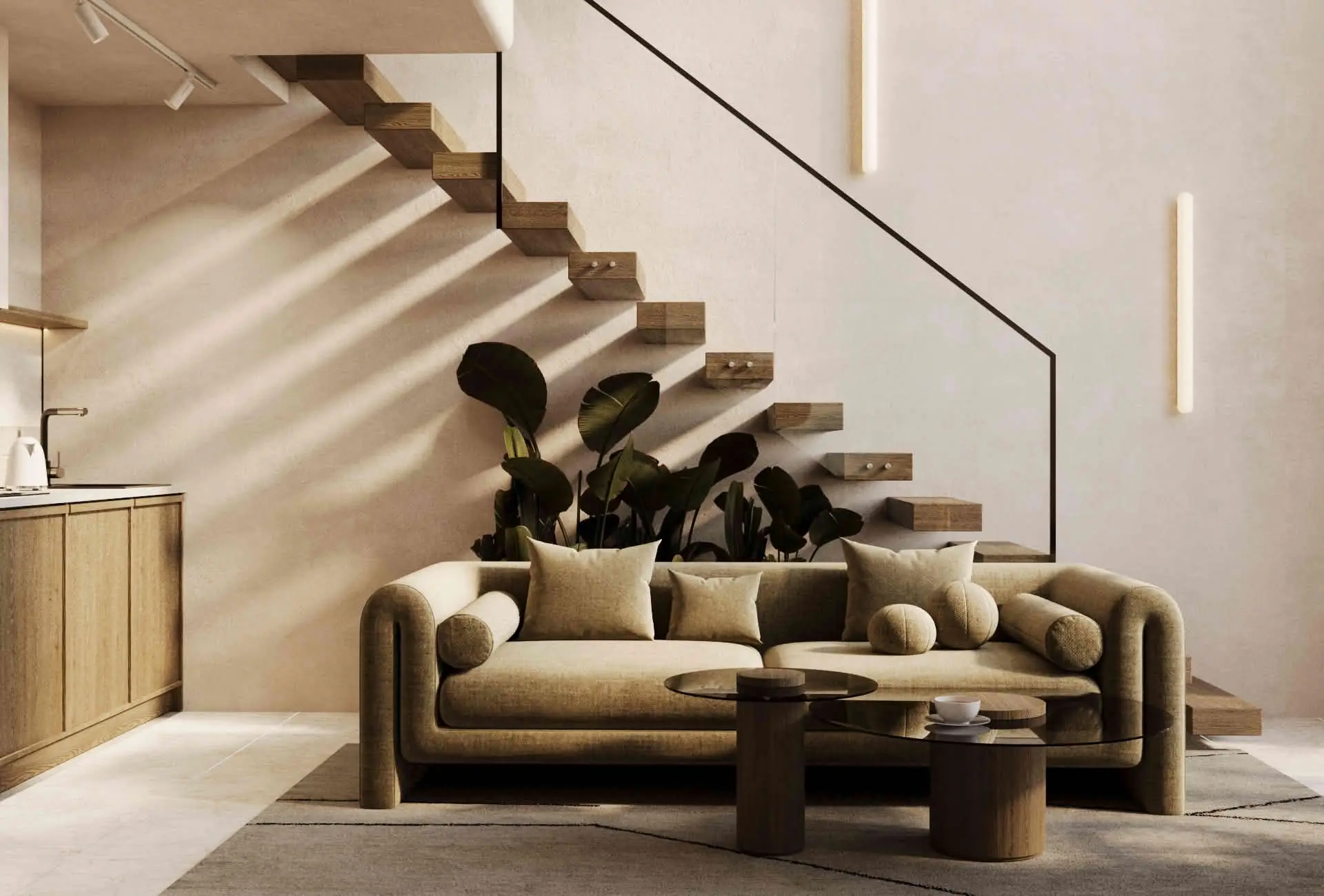 Sanur Vibe Apartments duplex - double-height living room with staircase