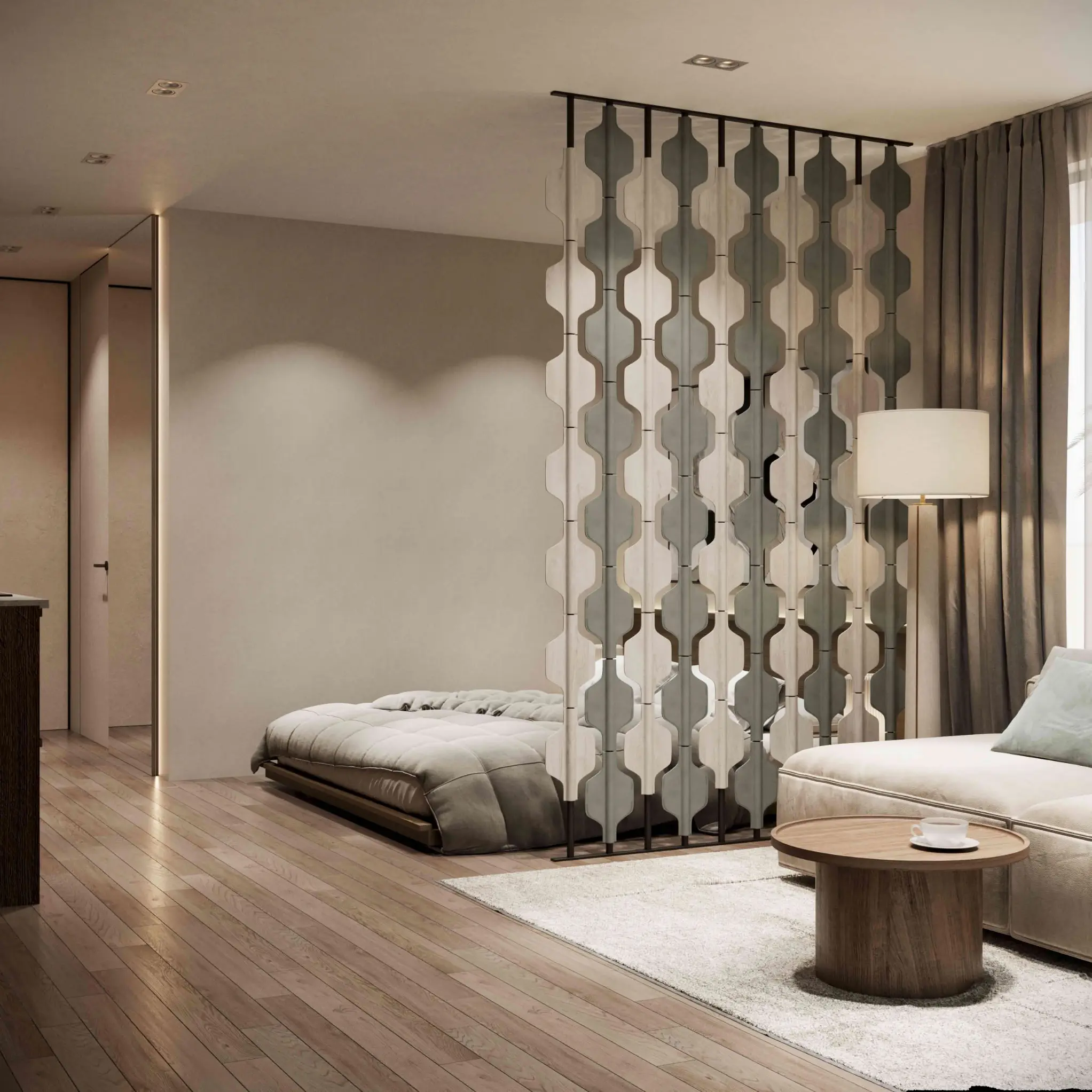 Sanur Vibe Apartments - bedroom area behind a decorative screen