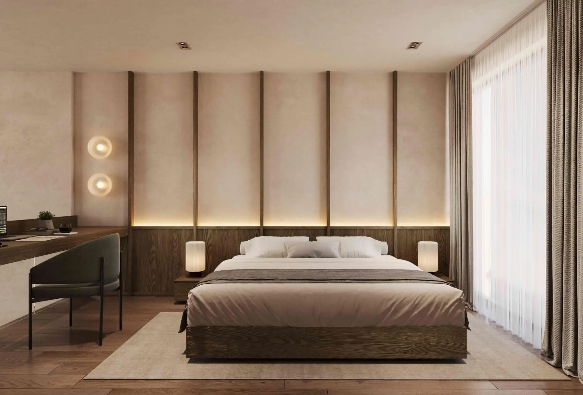 Sanur Vibe Apartments - master bedroom with warm wall lighting