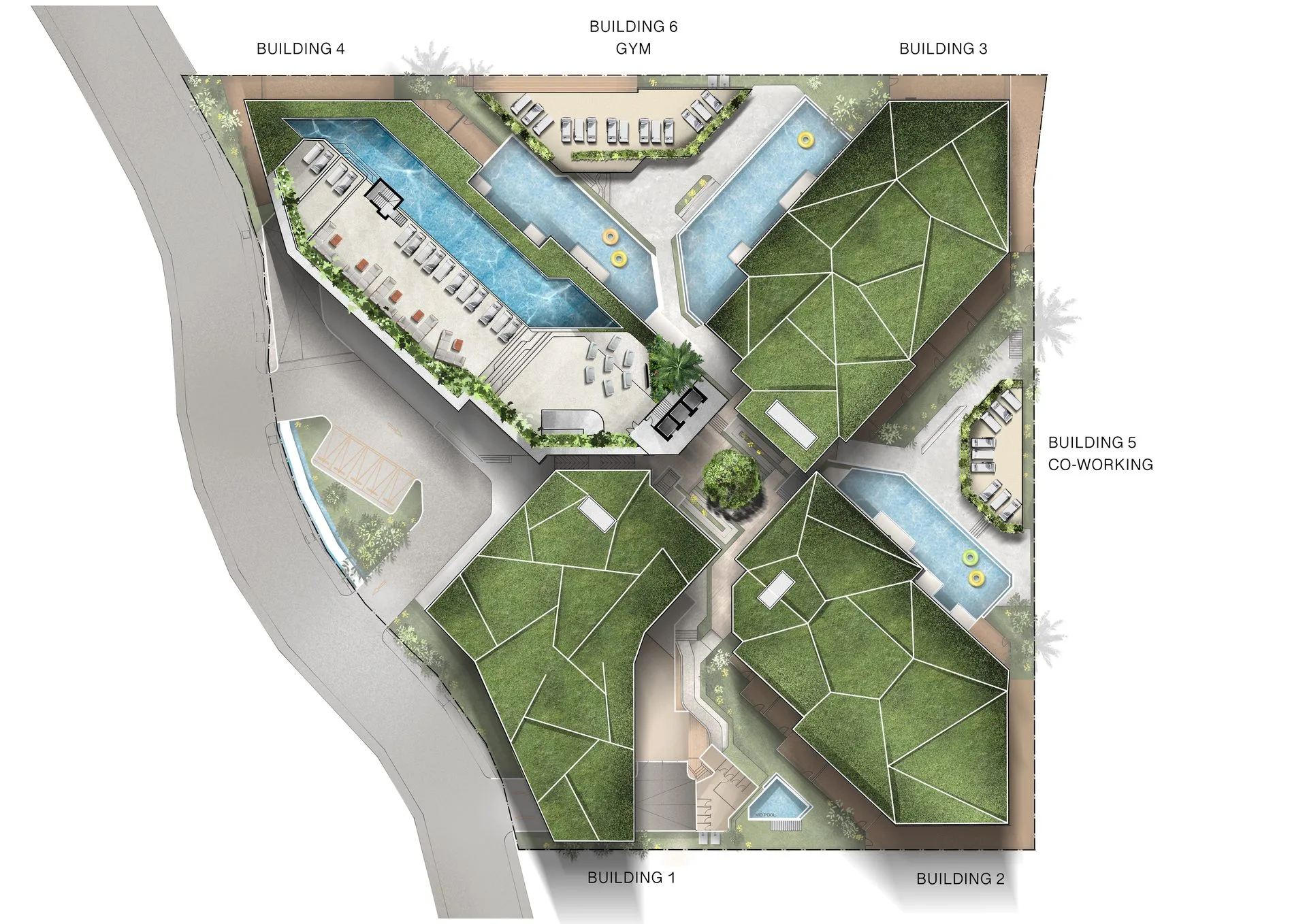 Next Point Rawai masterplan — four buildings, atrium, pools and rooftop amenities