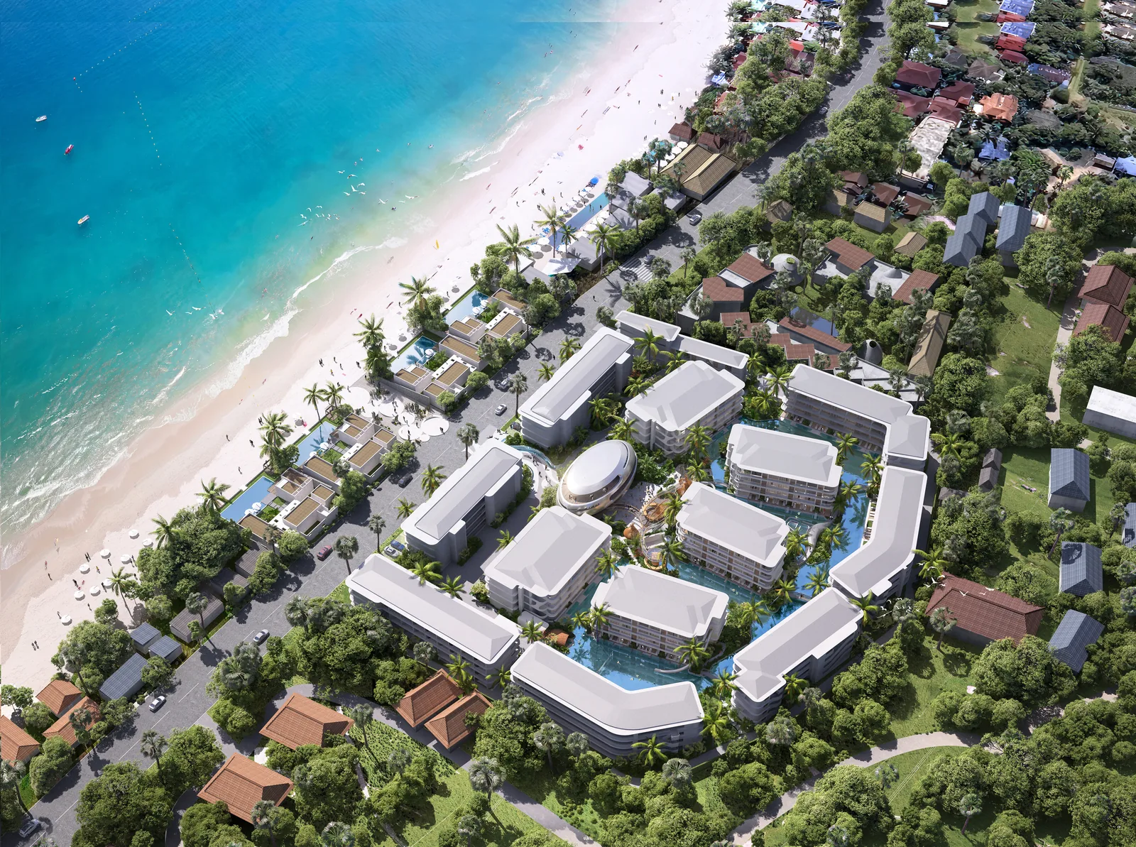 Aerial view of Anava Samui showing the resort, the beachfront villas and Bophut beach